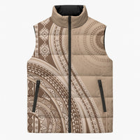 Bula Fiji Vintage Tapa Sleeveless Puffer Jacket Kaivity Masi Wave Motifs - Mocha