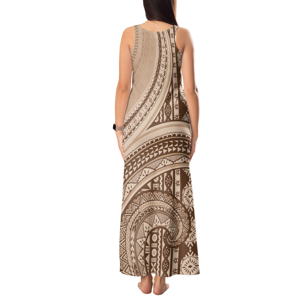 Bula Fiji Vintage Tapa Tank Maxi Dress Kaivity Masi Wave Motifs - Mocha