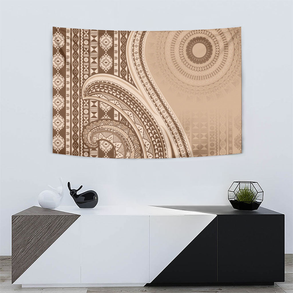 Bula Fiji Vintage Tapa Tapestry Kaivity Masi Wave Motifs - Mocha