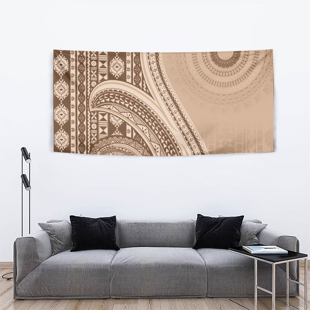 Bula Fiji Vintage Tapa Tapestry Kaivity Masi Wave Motifs - Mocha