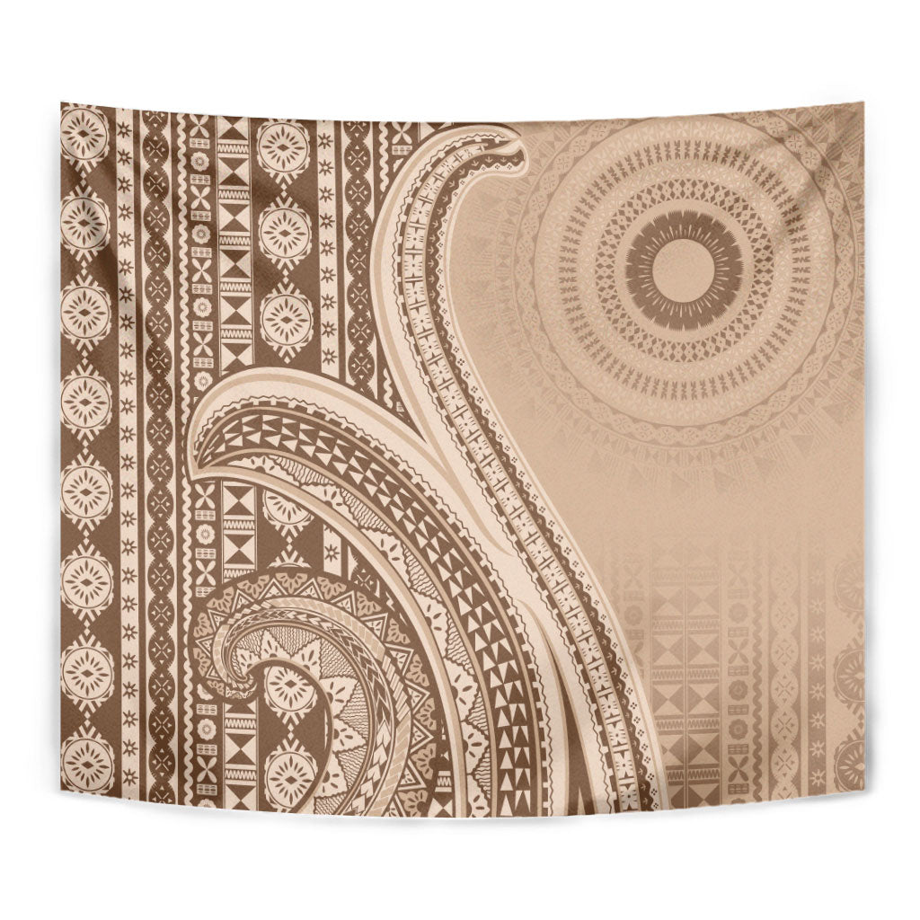 Bula Fiji Vintage Tapa Tapestry Kaivity Masi Wave Motifs - Mocha