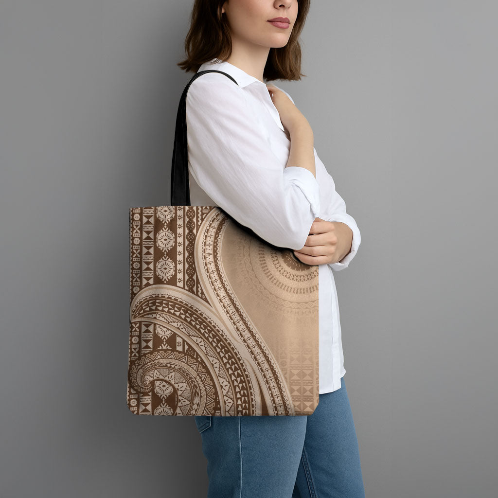 Bula Fiji Vintage Tapa Tote Bag Kaivity Masi Wave Motifs - Mocha