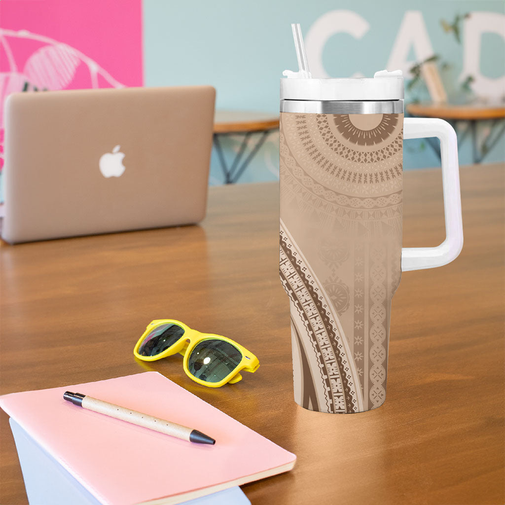 Bula Fiji Vintage Tapa Tumbler With Handle Kaivity Masi Wave Motifs - Mocha LT7 - Polynesian Pride