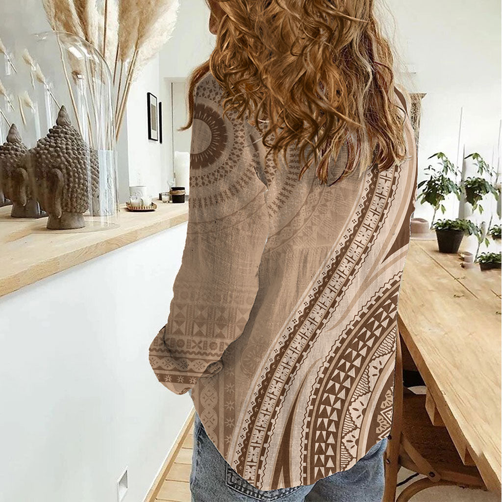 Bula Fiji Vintage Tapa Women Casual Shirt Kaivity Masi Wave Motifs - Mocha LT7 - Polynesian Pride