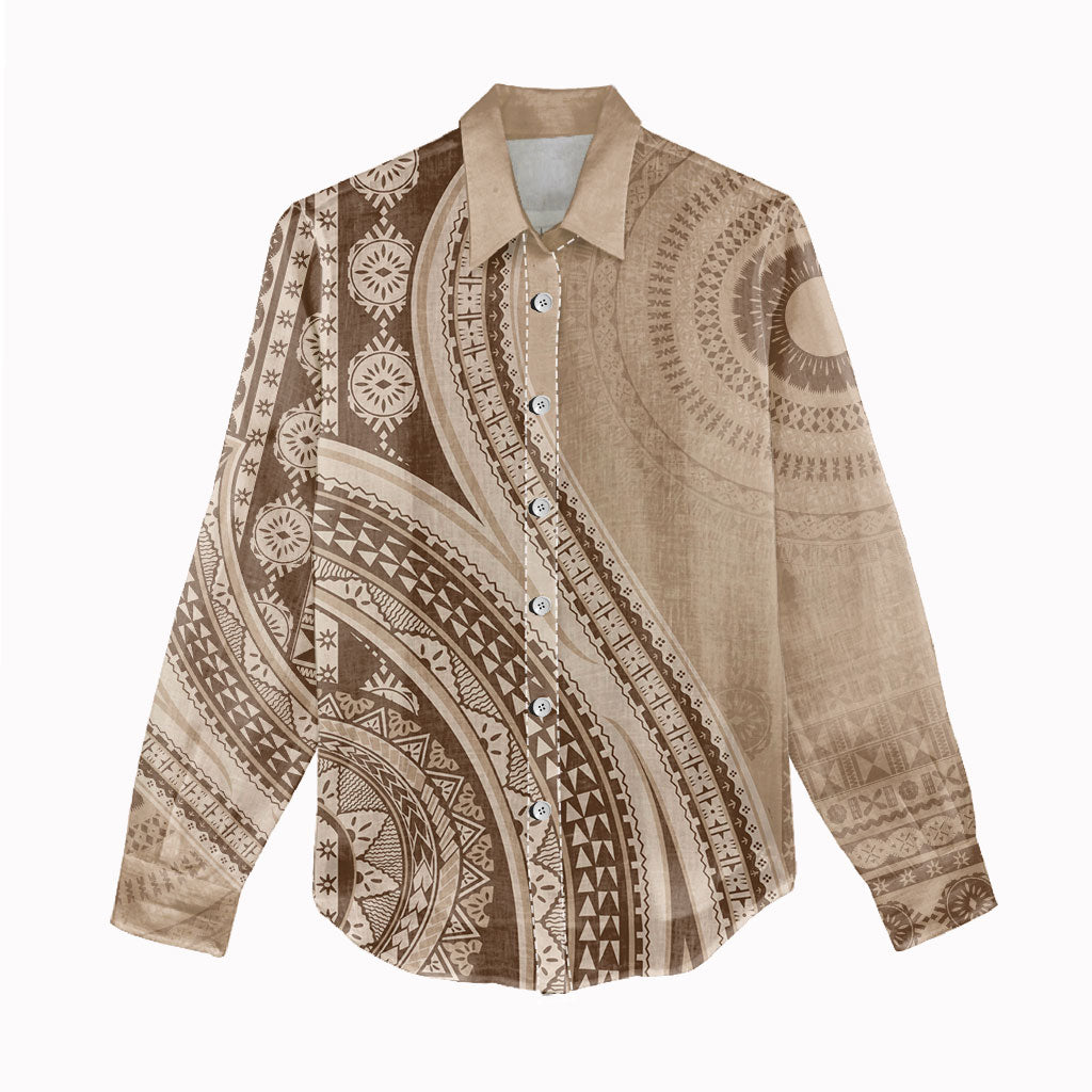 Bula Fiji Vintage Tapa Women Casual Shirt Kaivity Masi Wave Motifs - Mocha LT7 - Polynesian Pride