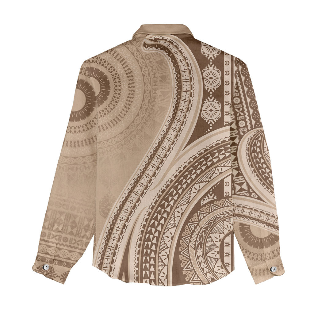 Bula Fiji Vintage Tapa Women Casual Shirt Kaivity Masi Wave Motifs - Mocha LT7 - Polynesian Pride