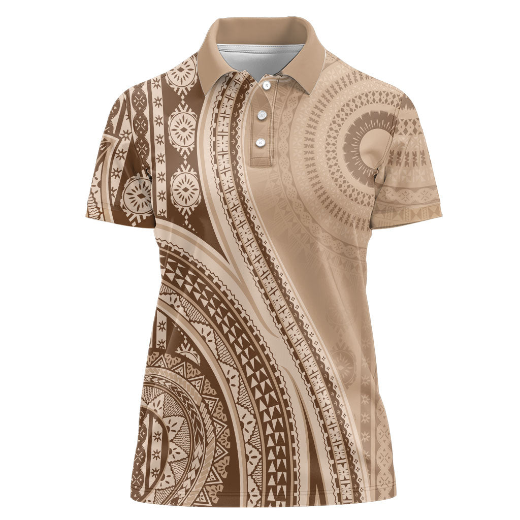 Bula Fiji Vintage Tapa Women Polo Shirt Kaivity Masi Wave Motifs - Mocha LT7 Female Beige - Polynesian Pride