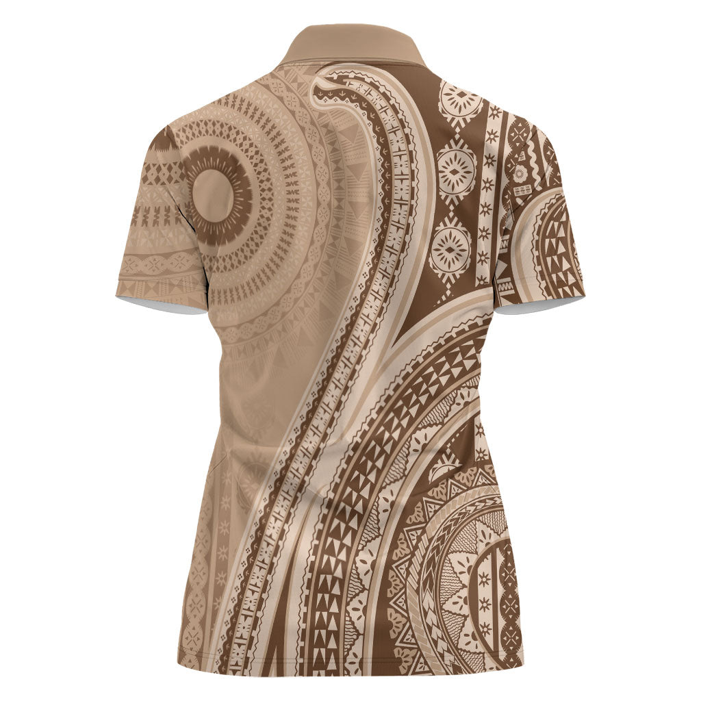 Bula Fiji Vintage Tapa Women Polo Shirt Kaivity Masi Wave Motifs - Mocha LT7 - Polynesian Pride