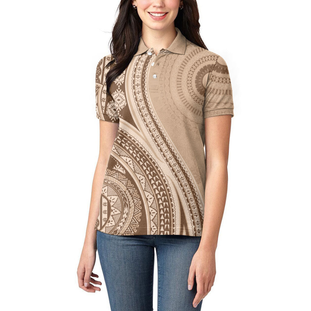 Bula Fiji Vintage Tapa Women Polo Shirt Kaivity Masi Wave Motifs - Mocha LT7 - Polynesian Pride