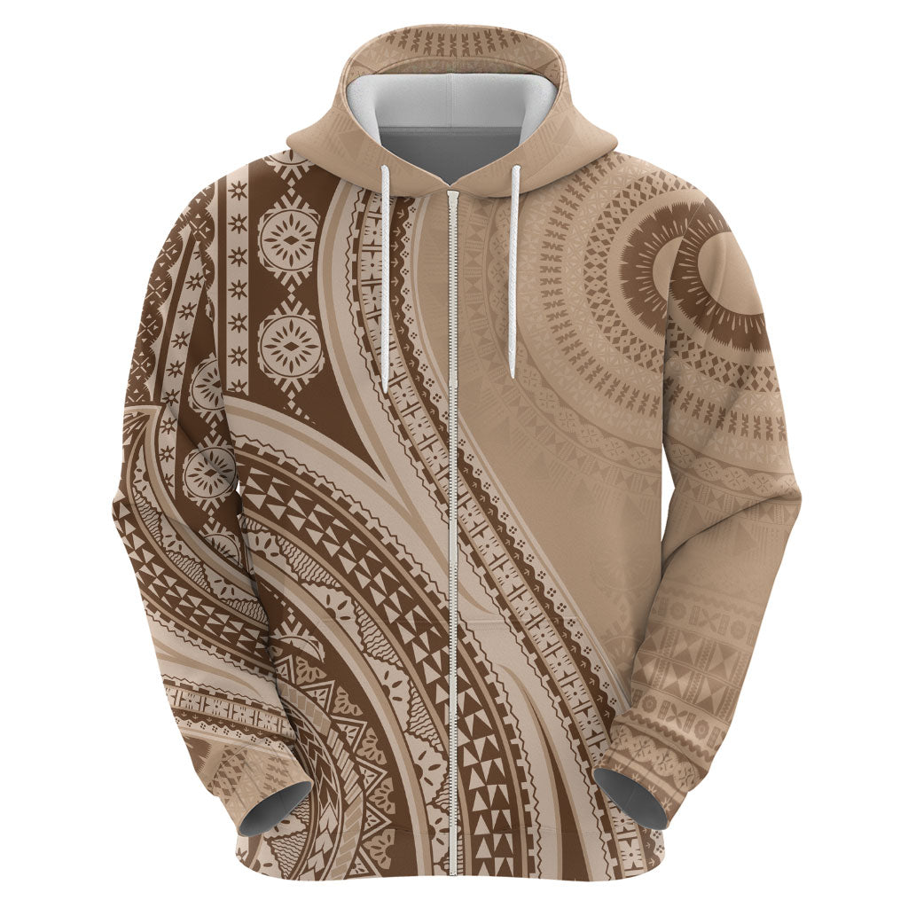 Bula Fiji Vintage Tapa Zip Hoodie Kaivity Masi Wave Motifs - Mocha LT7 - Polynesian Pride