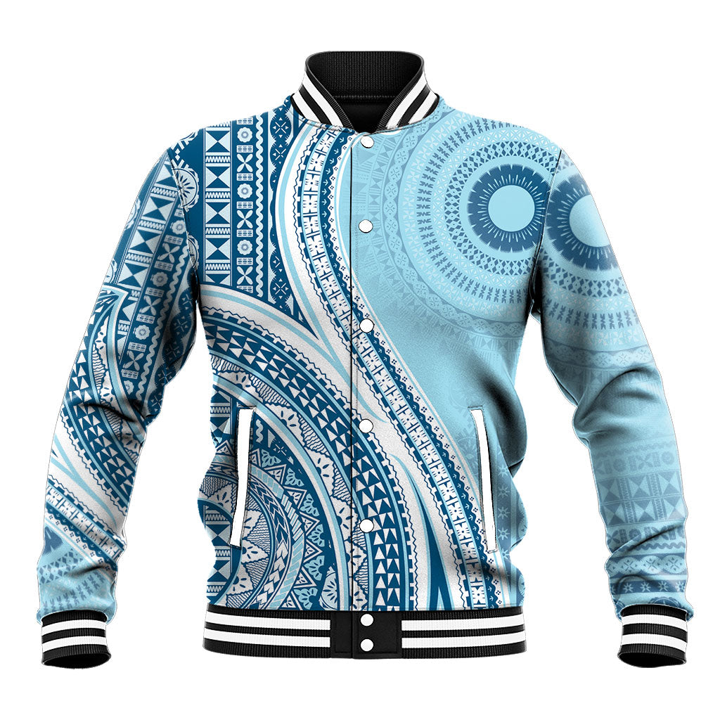 Bula Fiji Vintage Tapa Baseball Jacket Kaivity Masi Wave Motifs - Turquoise LT7 Unisex Turquoise - Polynesian Pride