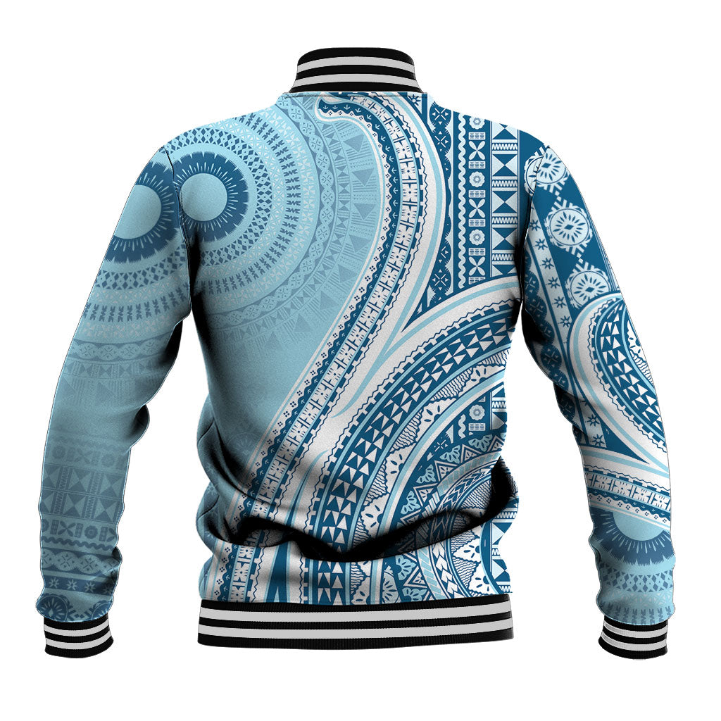 Bula Fiji Vintage Tapa Baseball Jacket Kaivity Masi Wave Motifs - Turquoise LT7 - Polynesian Pride
