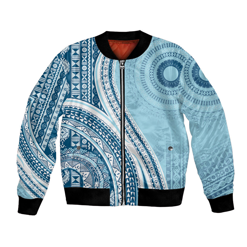 Bula Fiji Vintage Tapa Bomber Jacket Kaivity Masi Wave Motifs - Turquoise