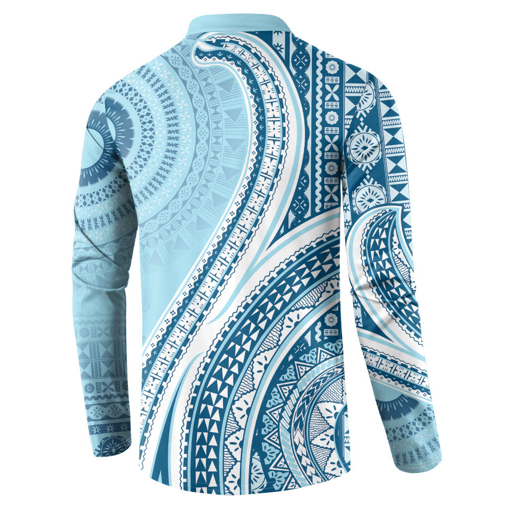 Bula Fiji Vintage Tapa Button Sweatshirt Kaivity Masi Wave Motifs - Turquoise