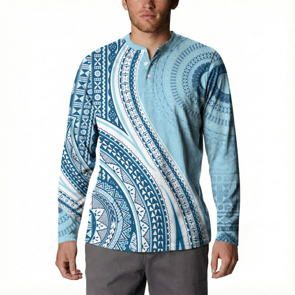 Bula Fiji Vintage Tapa Button Sweatshirt Kaivity Masi Wave Motifs - Turquoise
