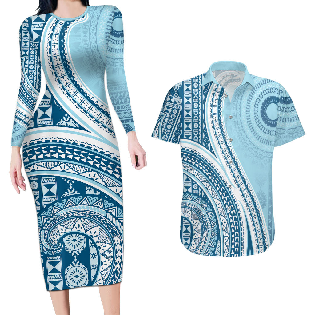 Bula Fiji Vintage Tapa Couples Matching Long Sleeve Bodycon Dress and Hawaiian Shirt Kaivity Masi Wave Motifs - Turquoise