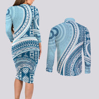 Bula Fiji Vintage Tapa Couples Matching Long Sleeve Bodycon Dress and Long Sleeve Button Shirt Kaivity Masi Wave Motifs - Turquoise