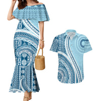 Bula Fiji Vintage Tapa Couples Matching Mermaid Dress and Hawaiian Shirt Kaivity Masi Wave Motifs - Turquoise LT7 Turquoise - Polynesian Pride