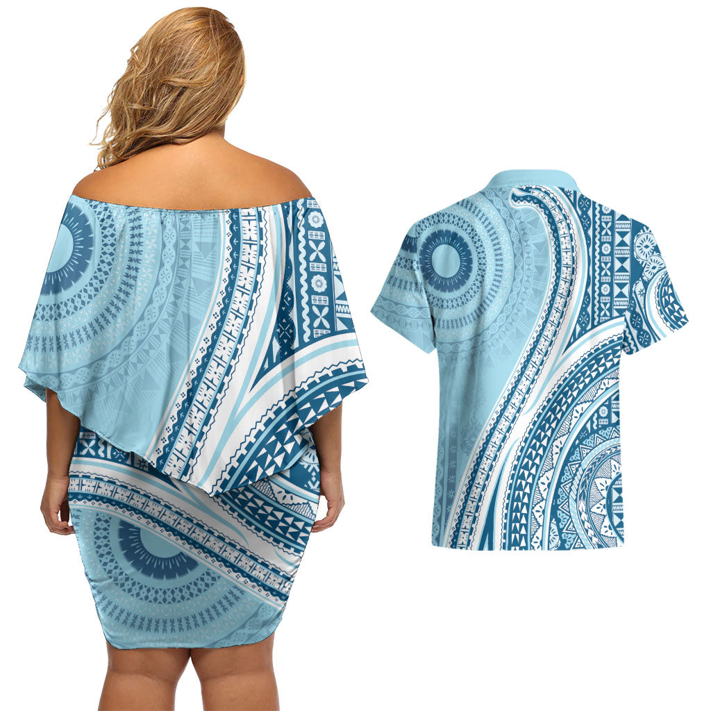 Bula Fiji Vintage Tapa Couples Matching Off Shoulder Short Dress and Hawaiian Shirt Kaivity Masi Wave Motifs - Turquoise