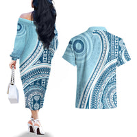 Bula Fiji Vintage Tapa Couples Matching Off The Shoulder Long Sleeve Dress and Hawaiian Shirt Kaivity Masi Wave Motifs - Turquoise