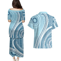 Bula Fiji Vintage Tapa Couples Matching Puletasi and Hawaiian Shirt Kaivity Masi Wave Motifs - Turquoise