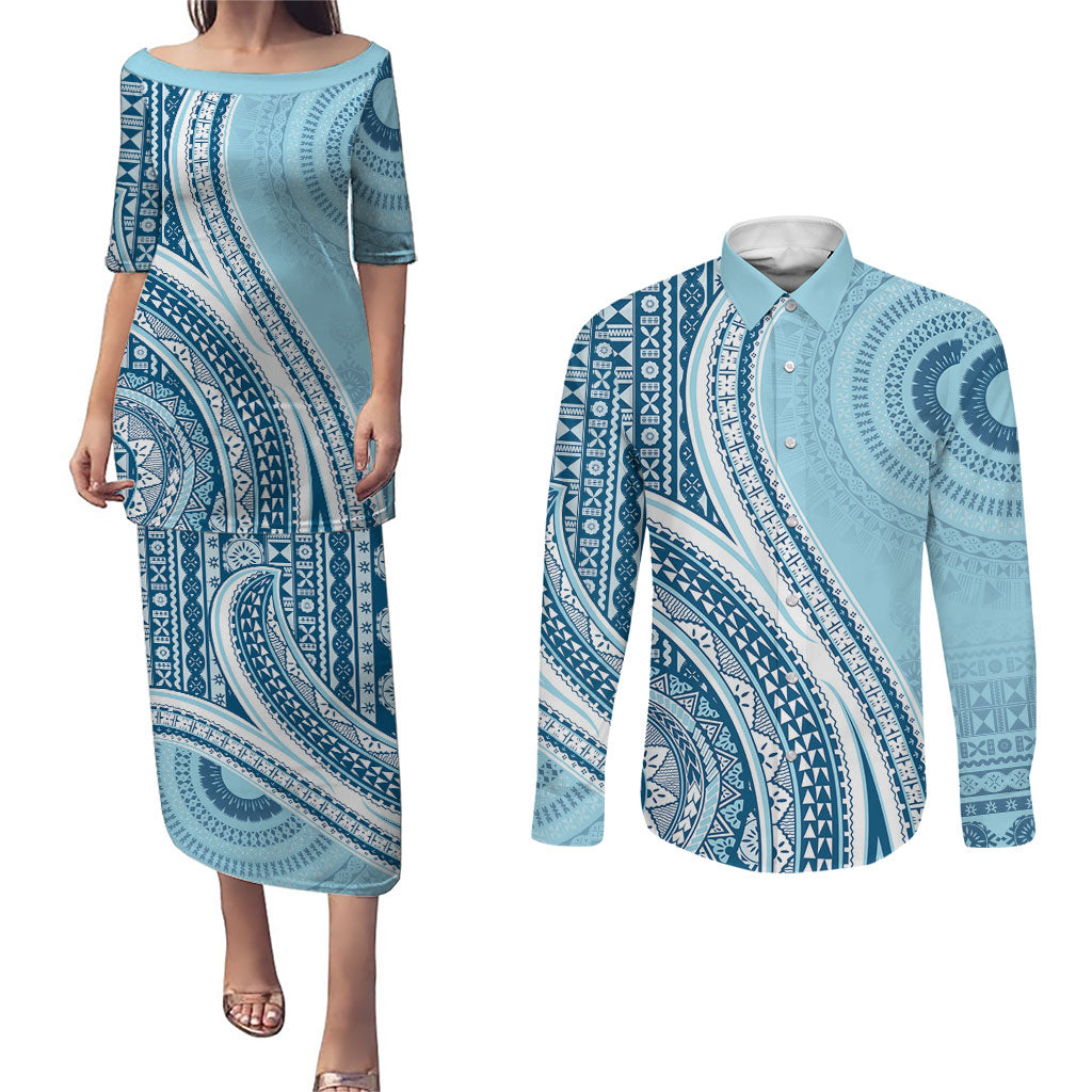 Bula Fiji Vintage Tapa Couples Matching Puletasi and Long Sleeve Button Shirt Kaivity Masi Wave Motifs - Turquoise