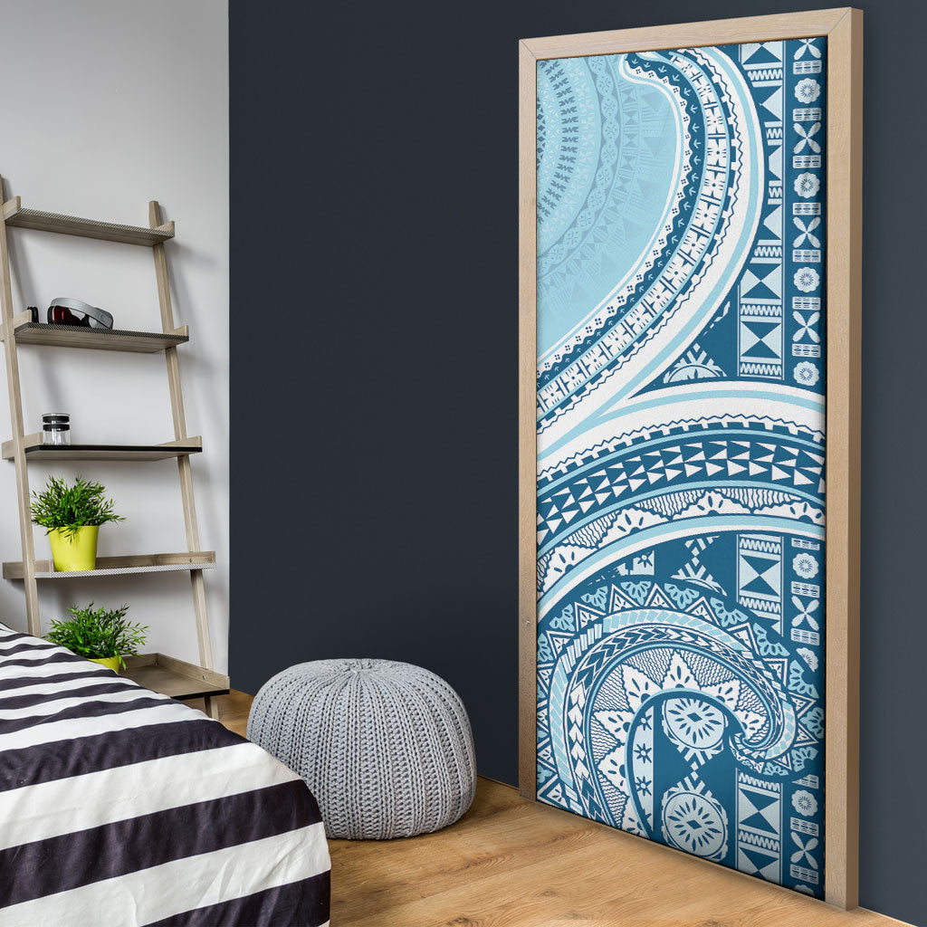 Bula Fiji Vintage Tapa Door Cover Kaivity Masi Wave Motifs - Turquoise