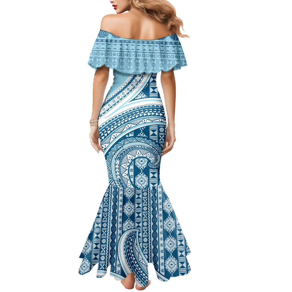 Bula Fiji Vintage Tapa Family Matching Mermaid Dress and Hawaiian Shirt Kaivity Masi Wave Motifs - Turquoise