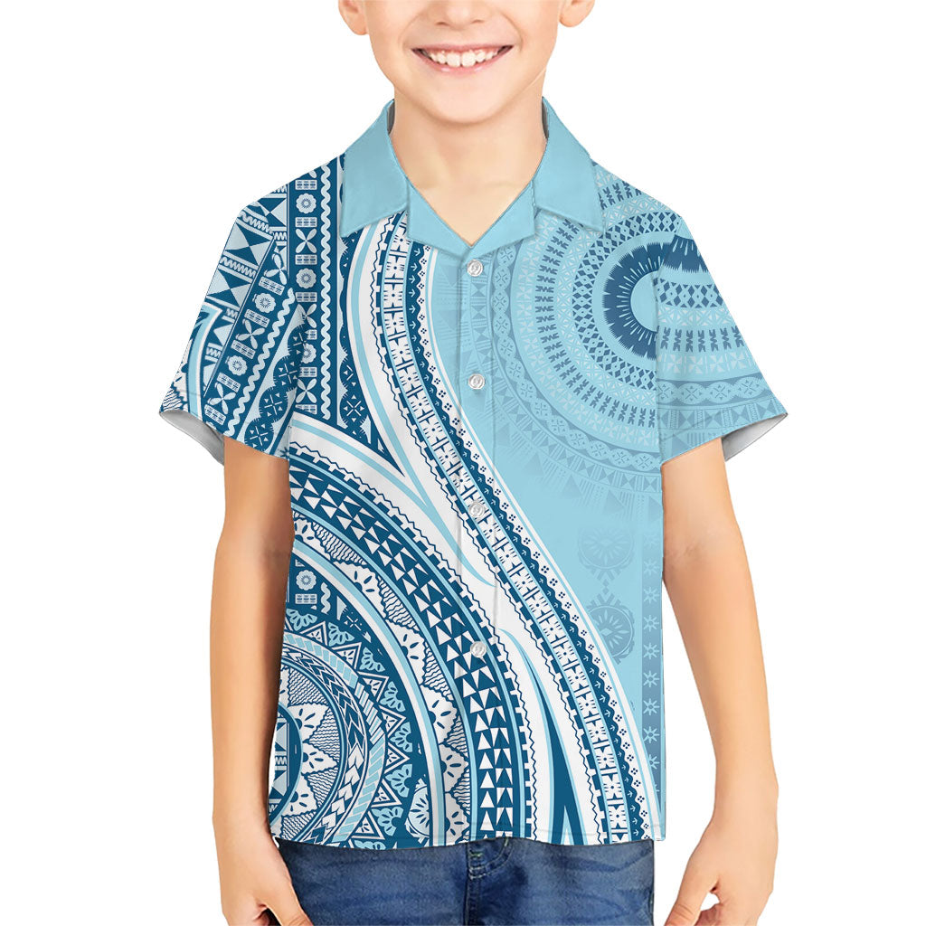 Bula Fiji Vintage Tapa Family Matching Mermaid Dress and Hawaiian Shirt Kaivity Masi Wave Motifs - Turquoise