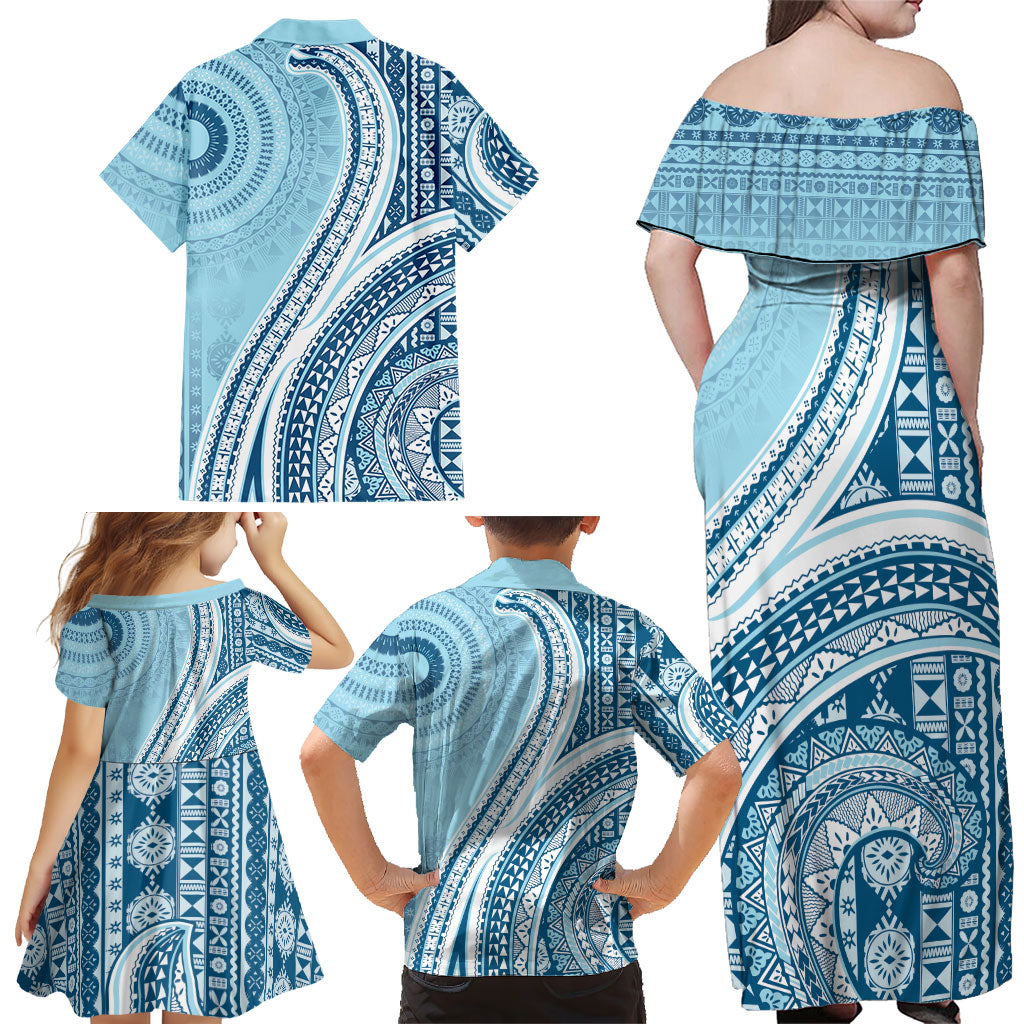 Bula Fiji Vintage Tapa Family Matching Off Shoulder Maxi Dress and Hawaiian Shirt Kaivity Masi Wave Motifs - Turquoise