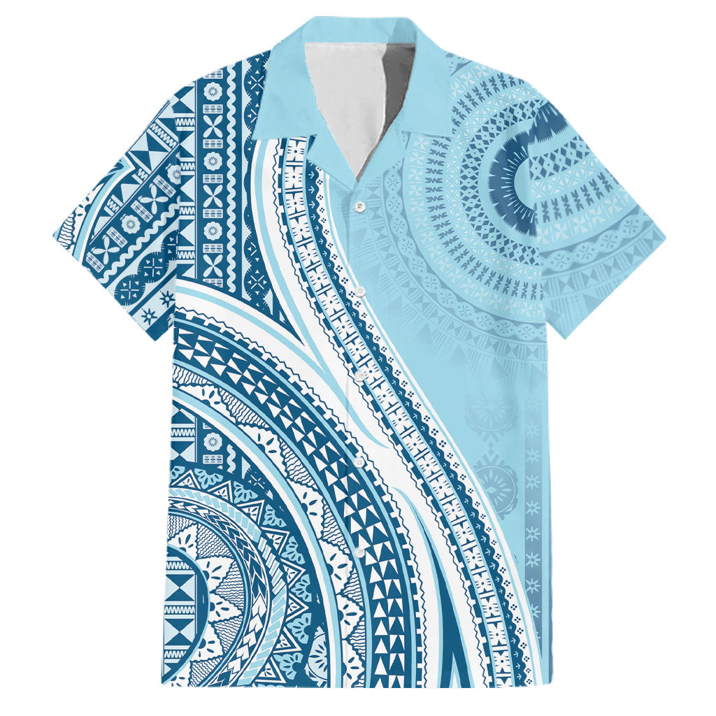 Bula Fiji Vintage Tapa Family Matching Off Shoulder Maxi Dress and Hawaiian Shirt Kaivity Masi Wave Motifs - Turquoise