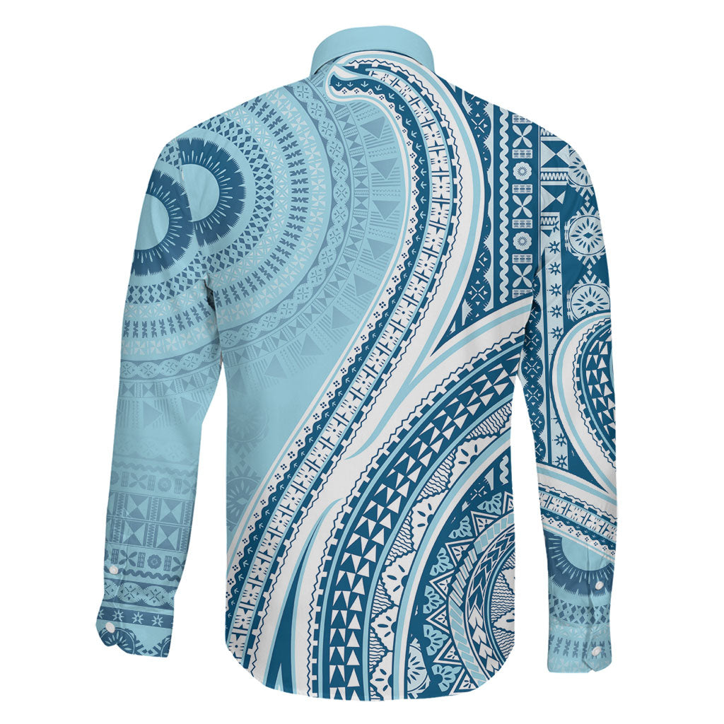 Bula Fiji Vintage Tapa Family Matching Off Shoulder Maxi Dress and Hawaiian Shirt Kaivity Masi Wave Motifs - Turquoise