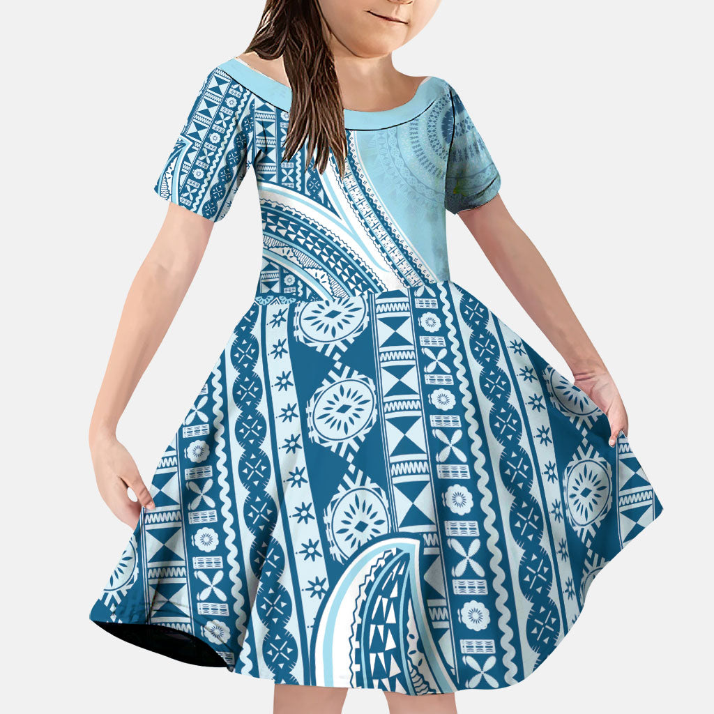 Bula Fiji Vintage Tapa Family Matching Off Shoulder Short Dress and Hawaiian Shirt Kaivity Masi Wave Motifs - Turquoise