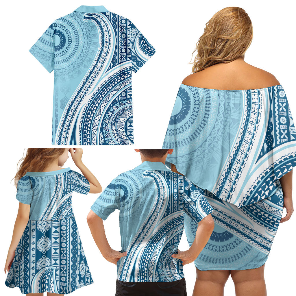 Bula Fiji Vintage Tapa Family Matching Off Shoulder Short Dress and Hawaiian Shirt Kaivity Masi Wave Motifs - Turquoise