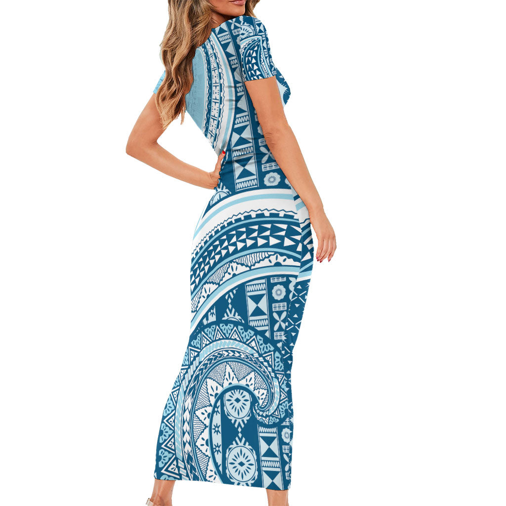 Bula Fiji Vintage Tapa Family Matching Short Sleeve Bodycon Dress and Hawaiian Shirt Kaivity Masi Wave Motifs - Turquoise