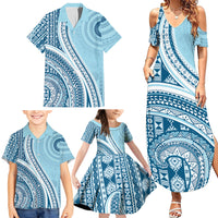 Bula Fiji Vintage Tapa Family Matching Summer Maxi Dress and Hawaiian Shirt Kaivity Masi Wave Motifs - Turquoise