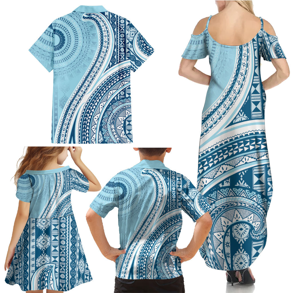 Bula Fiji Vintage Tapa Family Matching Summer Maxi Dress and Hawaiian Shirt Kaivity Masi Wave Motifs - Turquoise