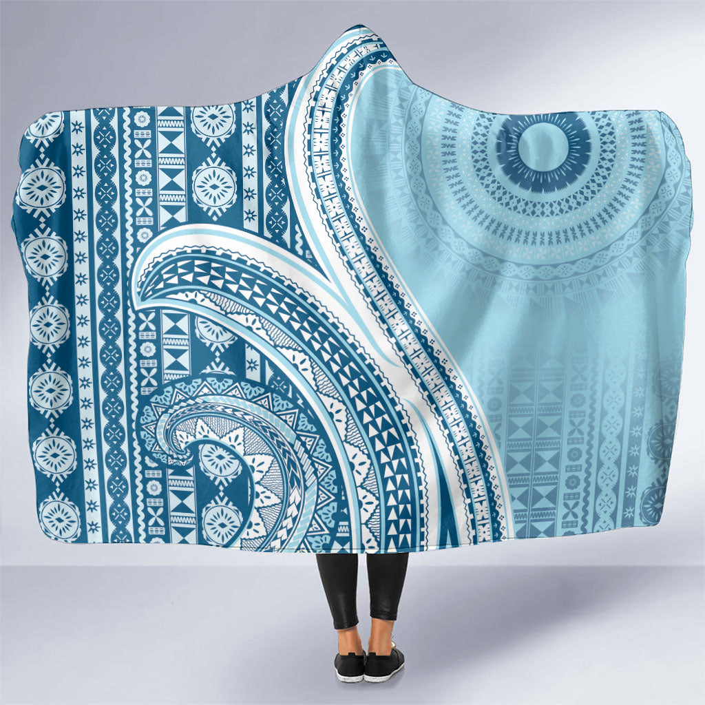 Bula Fiji Vintage Tapa Hooded Blanket Kaivity Masi Wave Motifs - Turquoise LT7 One Size Turquoise - Polynesian Pride