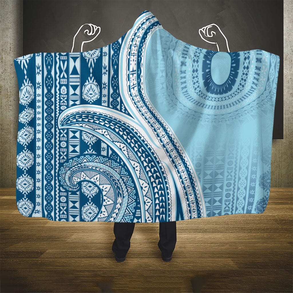 Bula Fiji Vintage Tapa Hooded Blanket Kaivity Masi Wave Motifs - Turquoise LT7 - Polynesian Pride