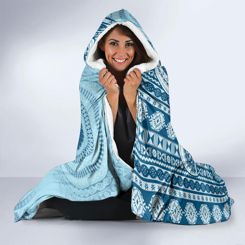 Bula Fiji Vintage Tapa Hooded Blanket Kaivity Masi Wave Motifs - Turquoise LT7 - Polynesian Pride