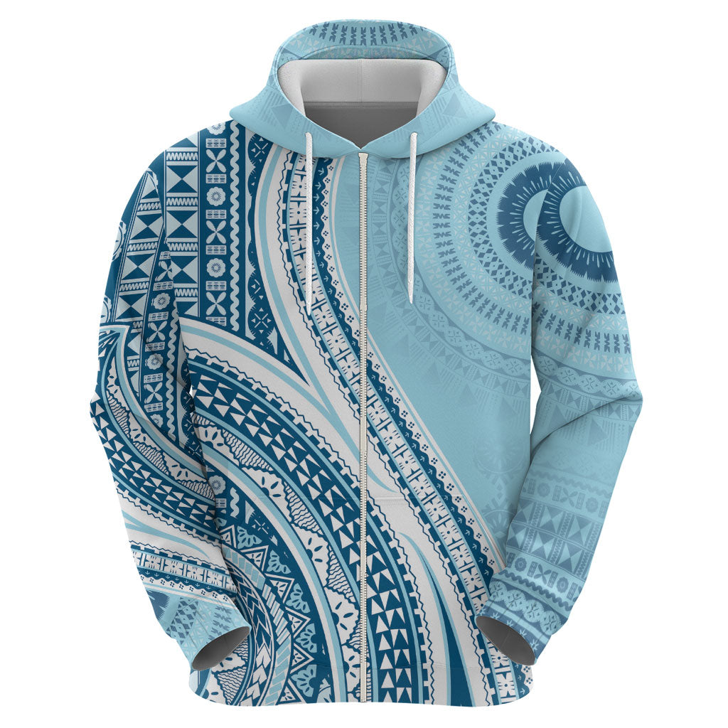 Bula Fiji Vintage Tapa Hoodie Kaivity Masi Wave Motifs - Turquoise LT7 - Polynesian Pride