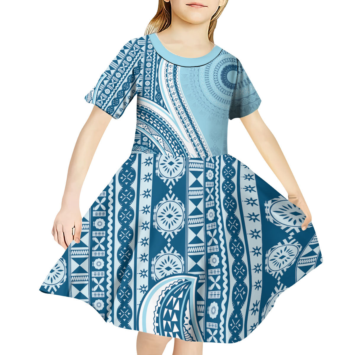 Bula Fiji Vintage Tapa Kid Short Sleeve Dress Kaivity Masi Wave Motifs - Turquoise