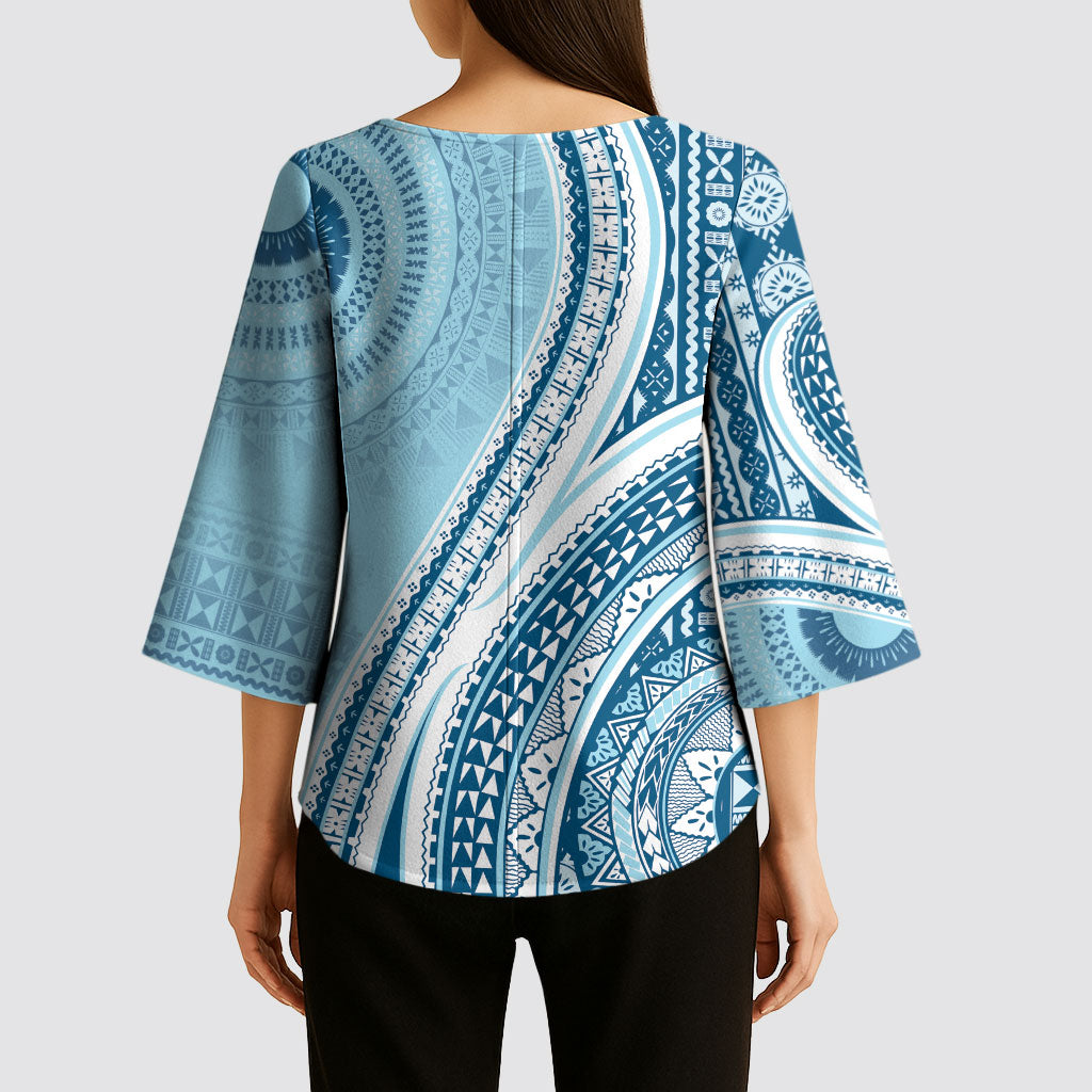 Bula Fiji Vintage Tapa Kimono Sleeve Blouse Kaivity Masi Wave Motifs - Turquoise