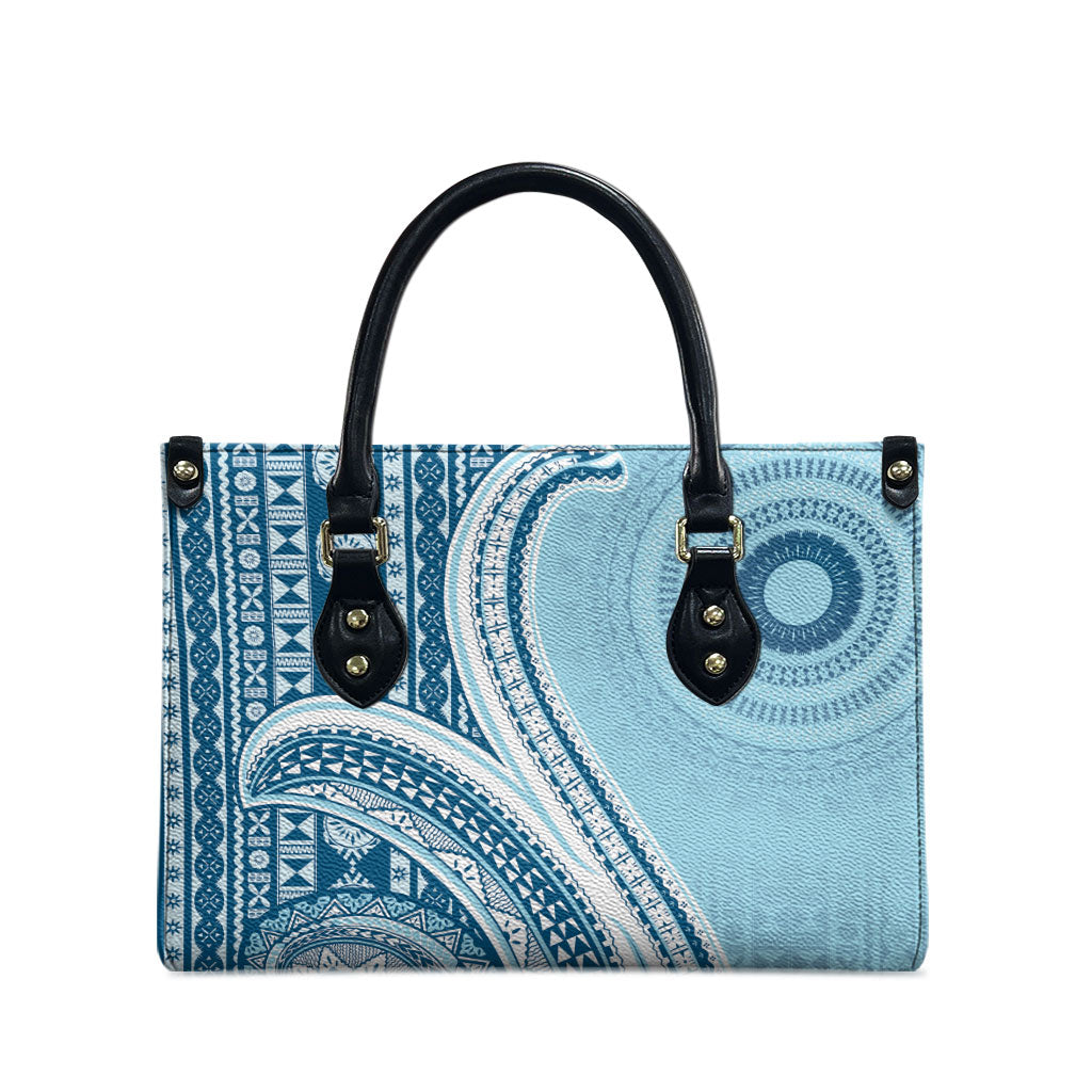 Bula Fiji Vintage Tapa Leather Bag Kaivity Masi Wave Motifs - Turquoise