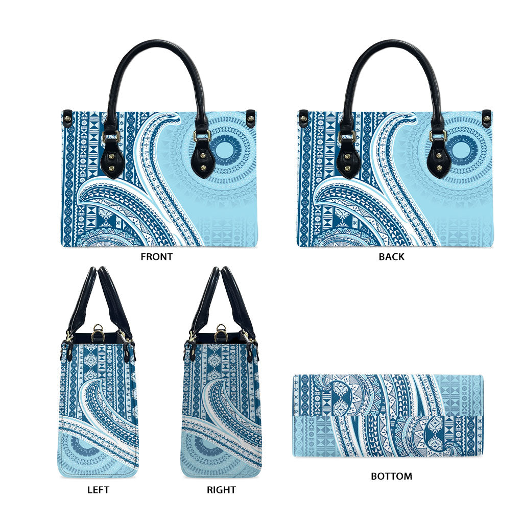 Bula Fiji Vintage Tapa Leather Bag Kaivity Masi Wave Motifs - Turquoise