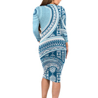 Bula Fiji Vintage Tapa Long Sleeve Bodycon Dress Kaivity Masi Wave Motifs - Turquoise