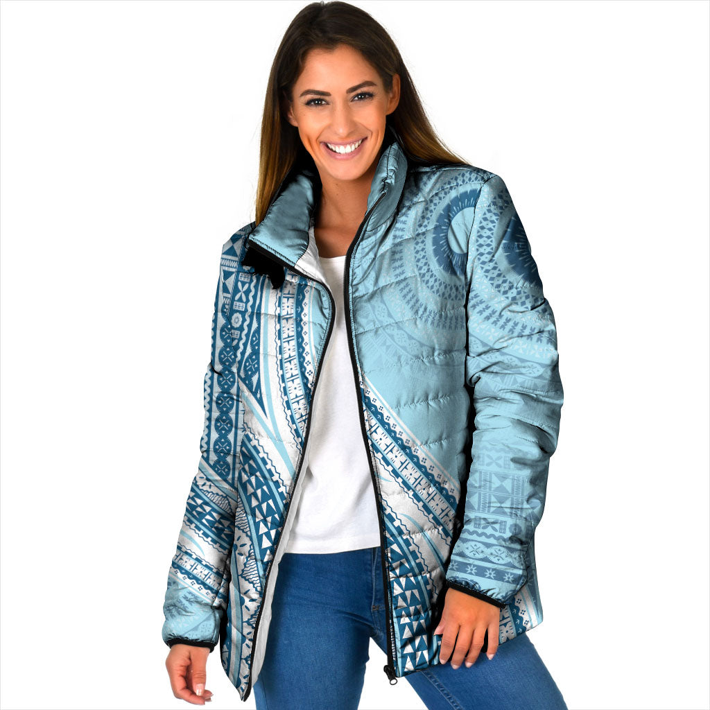 Bula Fiji Vintage Tapa Padded Jacket Kaivity Masi Wave Motifs - Turquoise