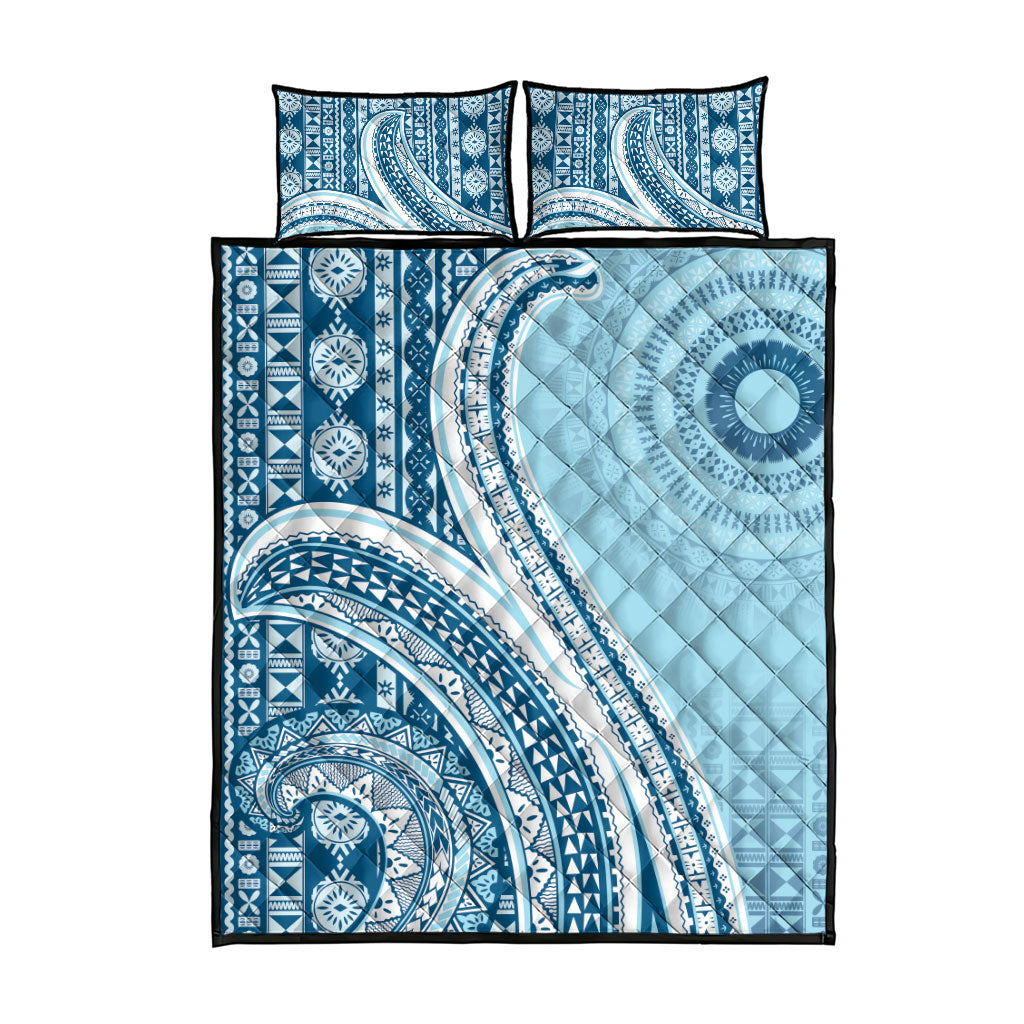 Bula Fiji Vintage Tapa Quilt Bed Set Kaivity Masi Wave Motifs - Turquoise