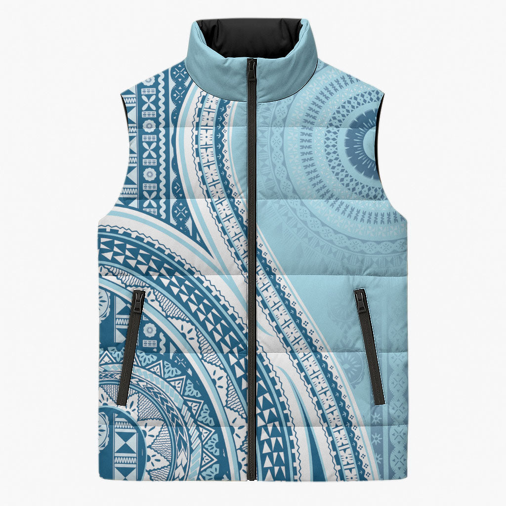 Bula Fiji Vintage Tapa Sleeveless Puffer Jacket Kaivity Masi Wave Motifs - Turquoise