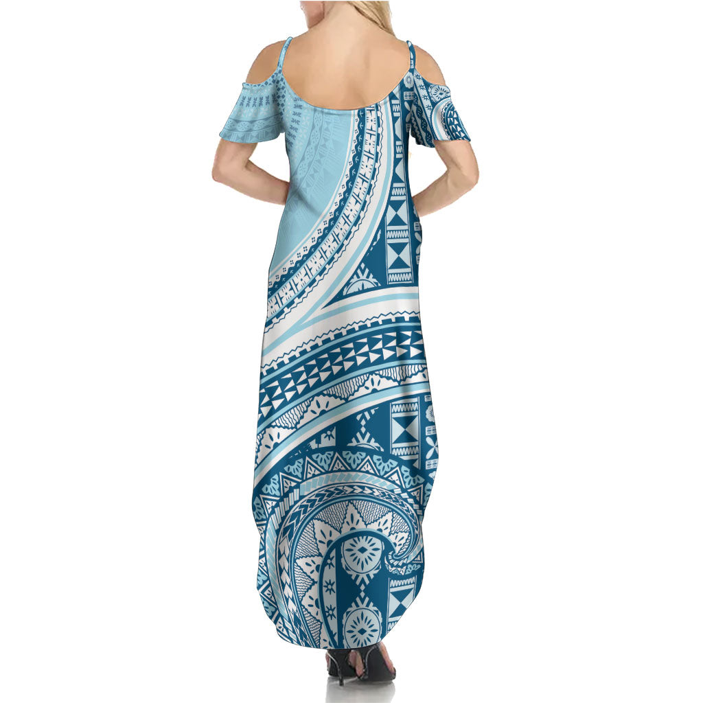 Bula Fiji Vintage Tapa Summer Maxi Dress Kaivity Masi Wave Motifs - Turquoise